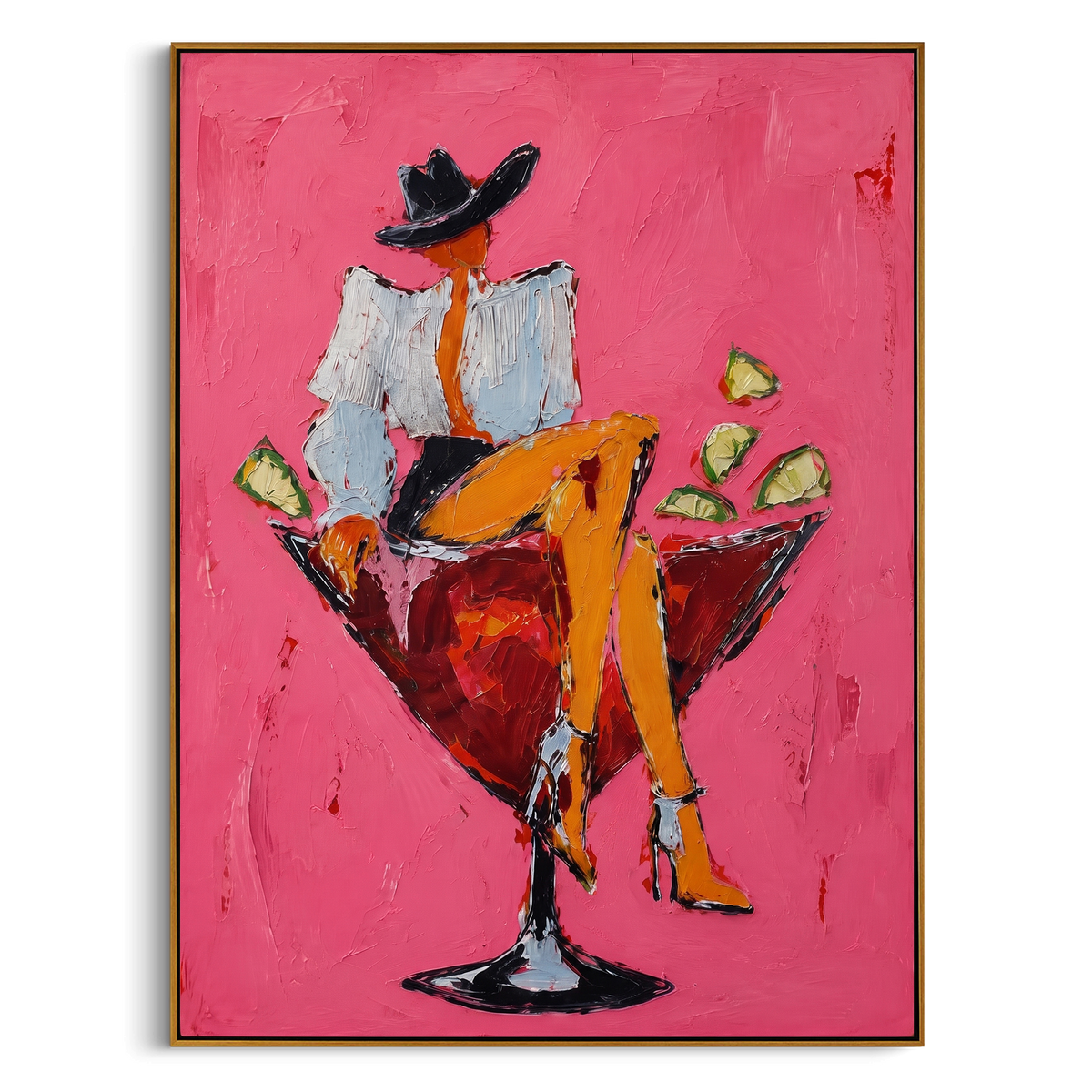 "Pink Cocktail Woman Painting" - Modern Heavy Impasto Coastal Landscape | Pink & Red Palette Knife Painting | Luxury Vertical Wall Art #PT 967