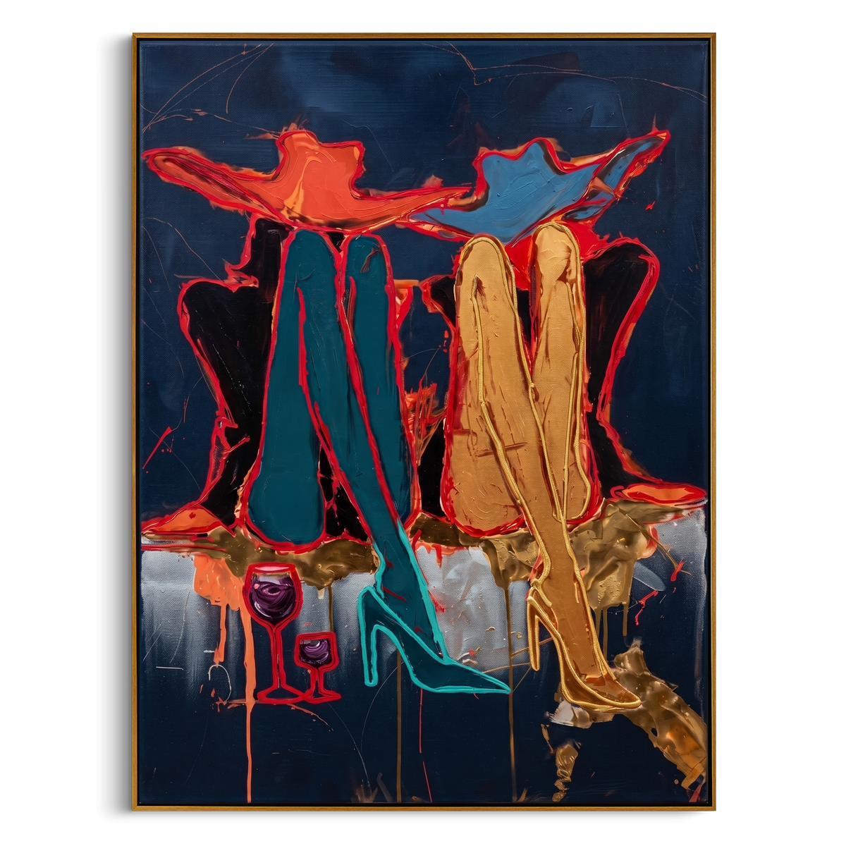 "Teal And Gold Fashion Legs Painting" - Modern Heavy Impasto Geometric Abstract | Blue & Golden Palette Knife Painting | Luxury Vertical Wall Art #PT 970