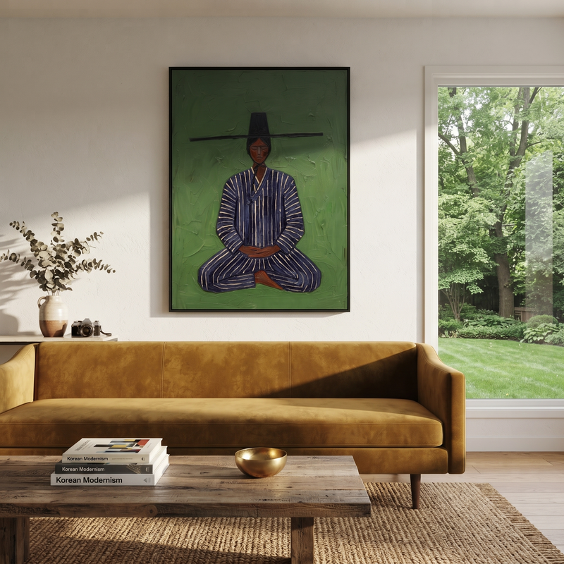 "Green Seated Figure Painting" - Modern Heavy Impasto Coastal Landscape | Green & Blue Palette Knife Painting | Luxury Vertical Wall Art #PT 973
