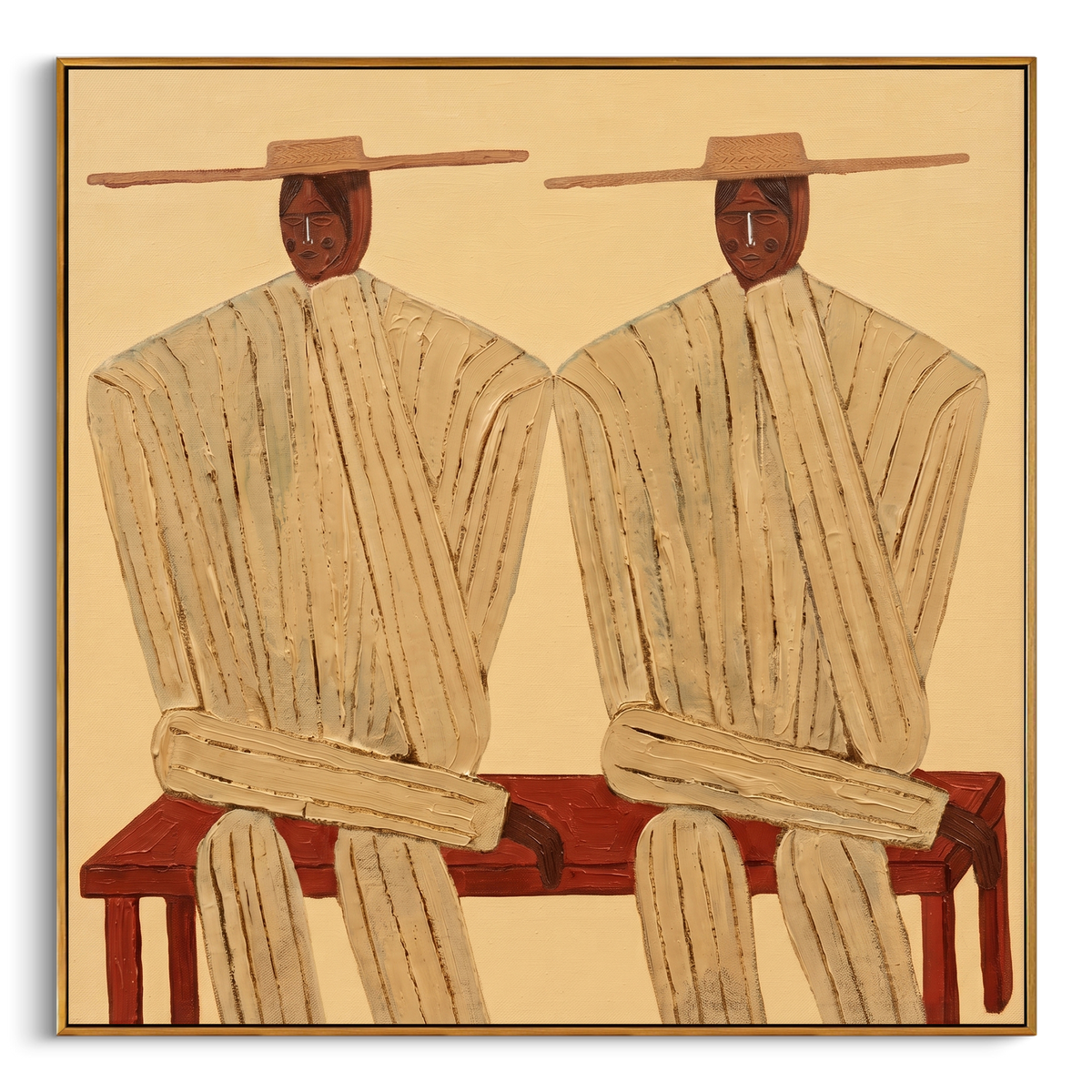 "Cream Twin Straw Hat Figures Painting" - Modern Heavy Impasto Coastal Landscape | Beige & Brown Palette Knife Painting | Luxury Square Wall Art #PT 974