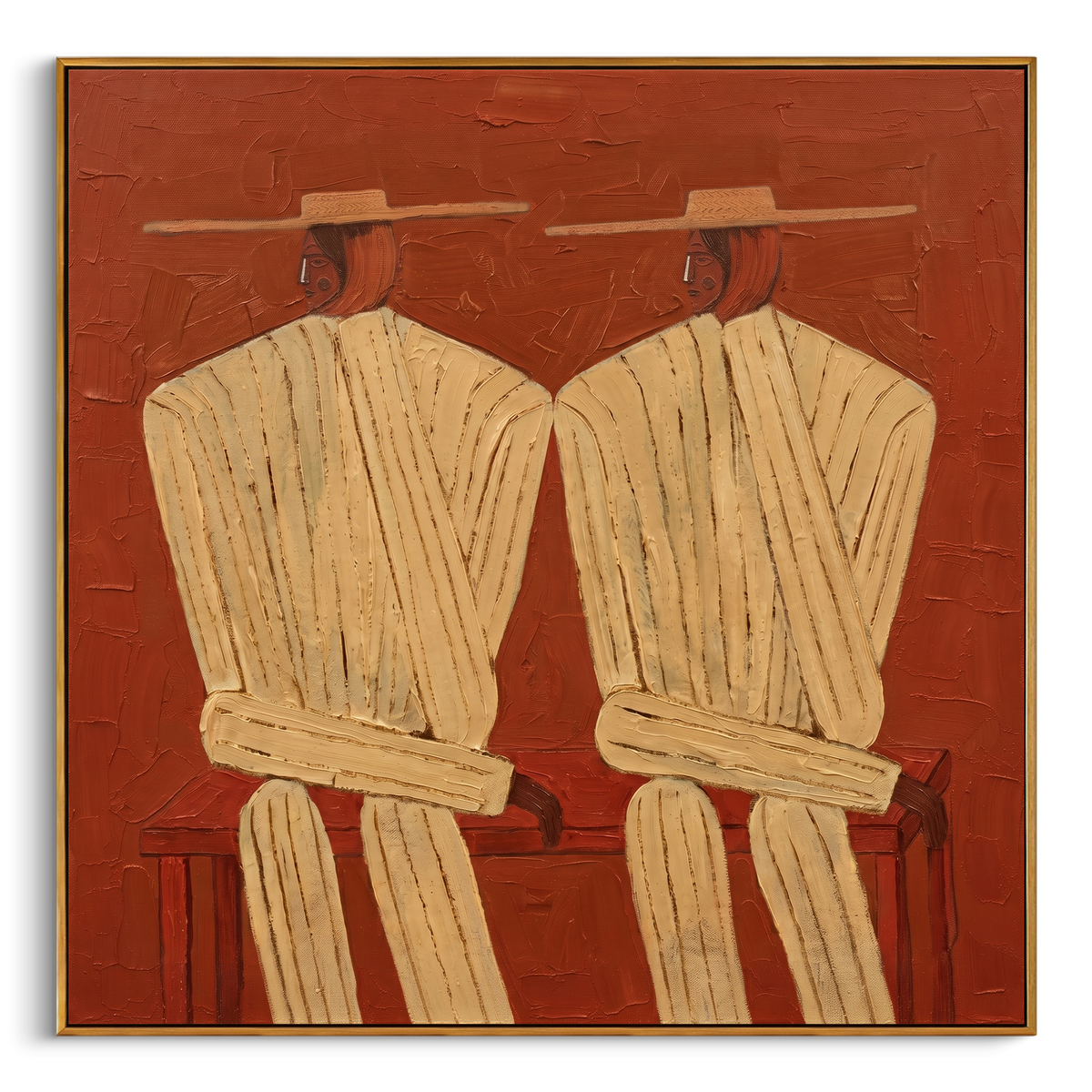 "Red Twin Straw Hat Figures Painting" - Modern Heavy Impasto Coastal Landscape | Red & Beige Palette Knife Painting | Luxury Square Wall Art #PT 975