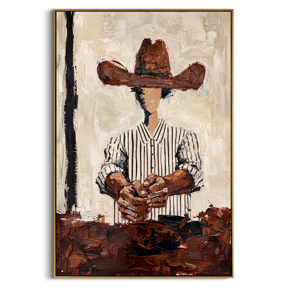 "Cowboy Hat Striped Shirt Painting" - Modern Heavy Impasto Western Animal Artwork | Beige & Brown Palette Knife Painting | Luxury Vertical Wall Art #PT 976