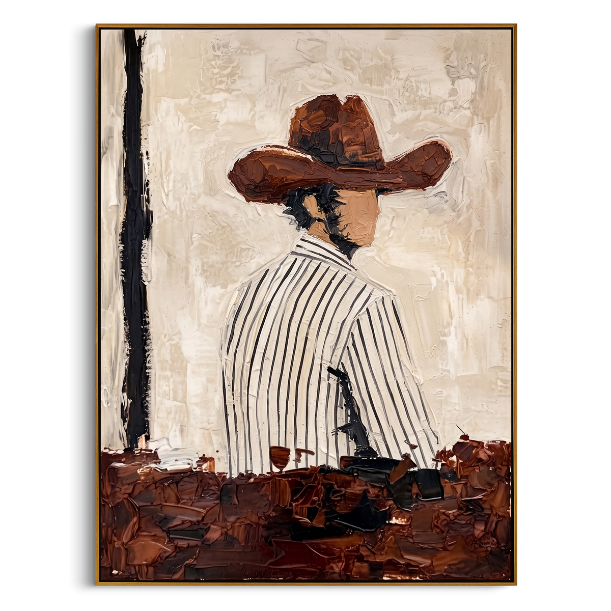 "Side View Cowboy Hat Painting" - Modern Heavy Impasto Western Animal Artwork | Beige & Brown Palette Knife Painting | Luxury Vertical Wall Art #PT 977