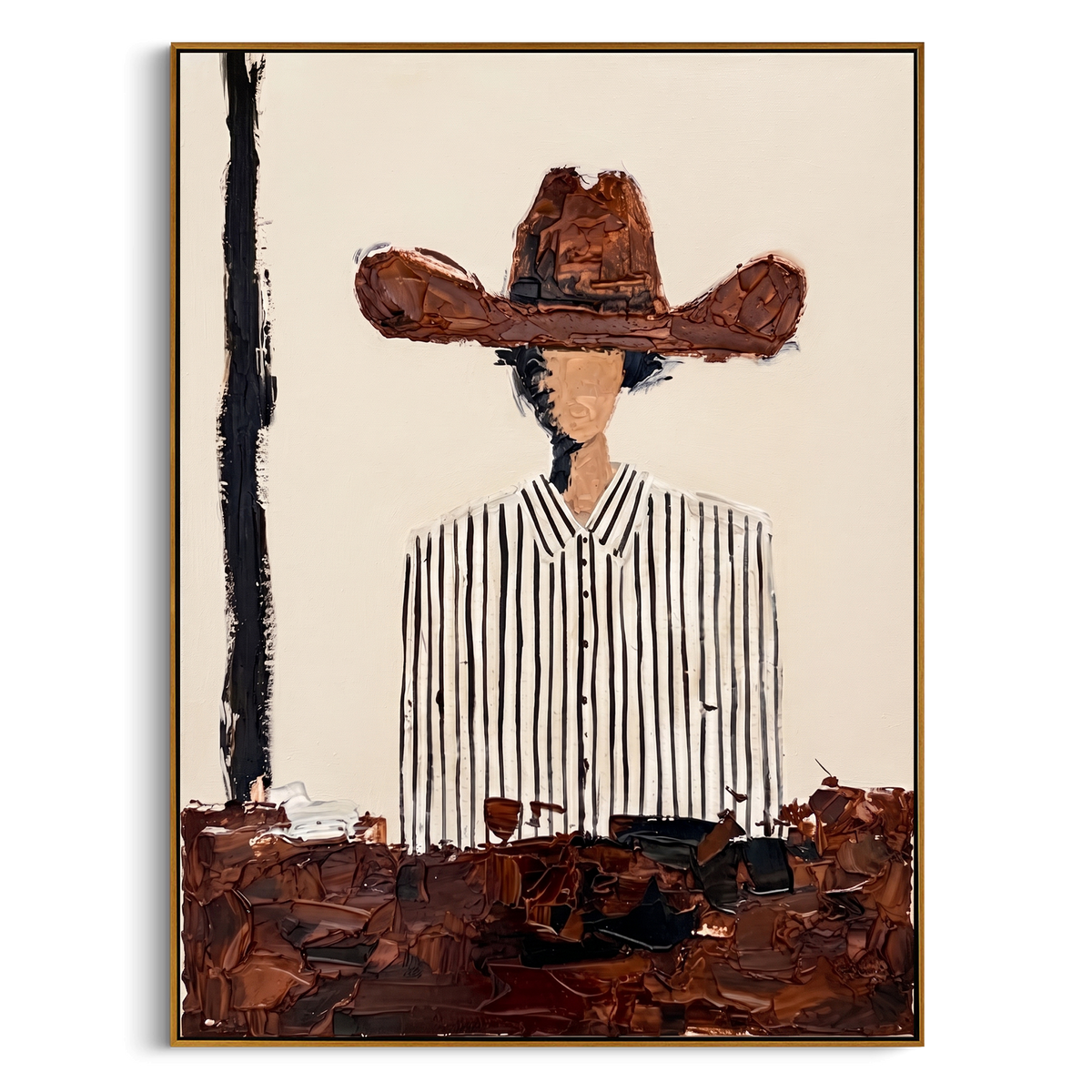 "Minimal Cowboy Hat Portrait Painting" - Modern Heavy Impasto Western Animal Artwork | White & Brown Palette Knife Painting | Luxury Vertical Wall Art #PT 978