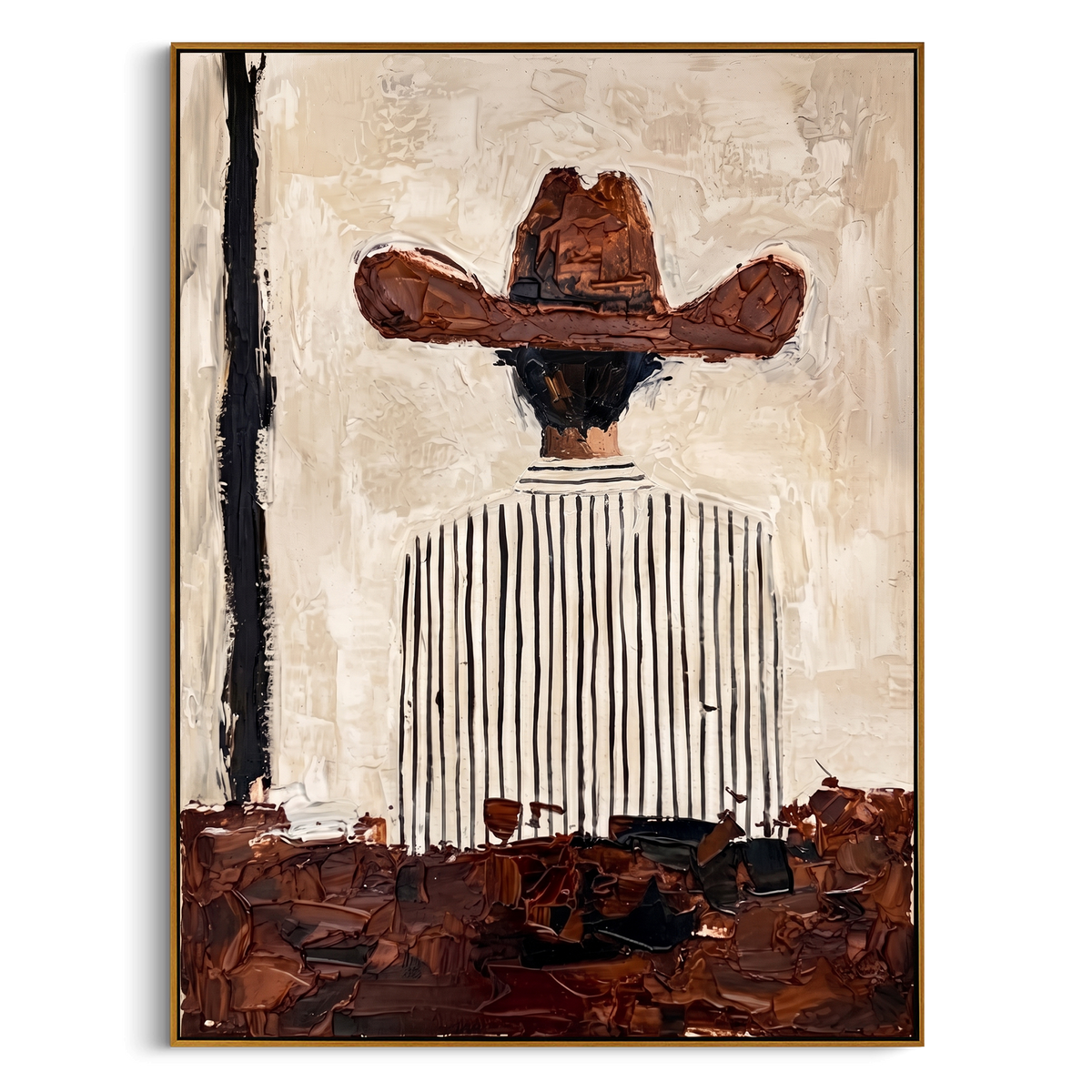 "Rear View Cowboy Hat Painting" - Modern Heavy Impasto Western Animal Artwork | Beige & Brown Palette Knife Painting | Luxury Vertical Wall Art #PT 979