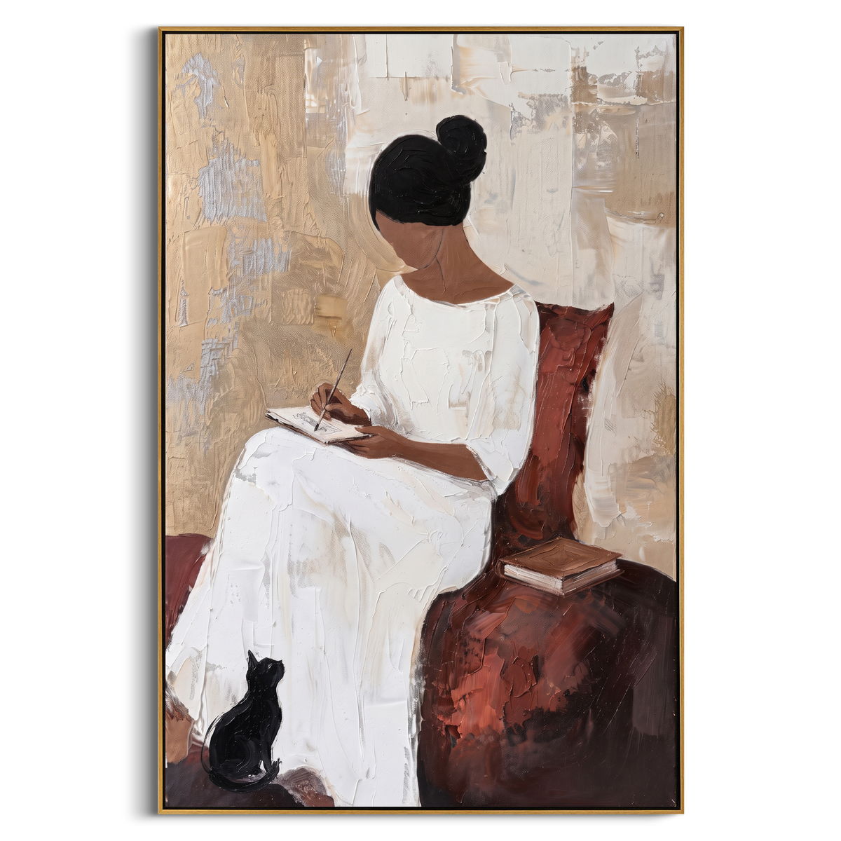 "White Dress Writing Woman Painting" - Modern Heavy Impasto Coastal Landscape | White & Beige Palette Knife Painting | Luxury Vertical Wall Art #PT 980