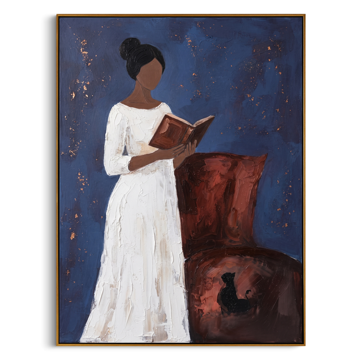 "Blue Reading Woman With Cat Painting" - Modern Heavy Impasto Coastal Landscape | Blue & White Palette Knife Painting | Luxury Vertical Wall Art #PT 981