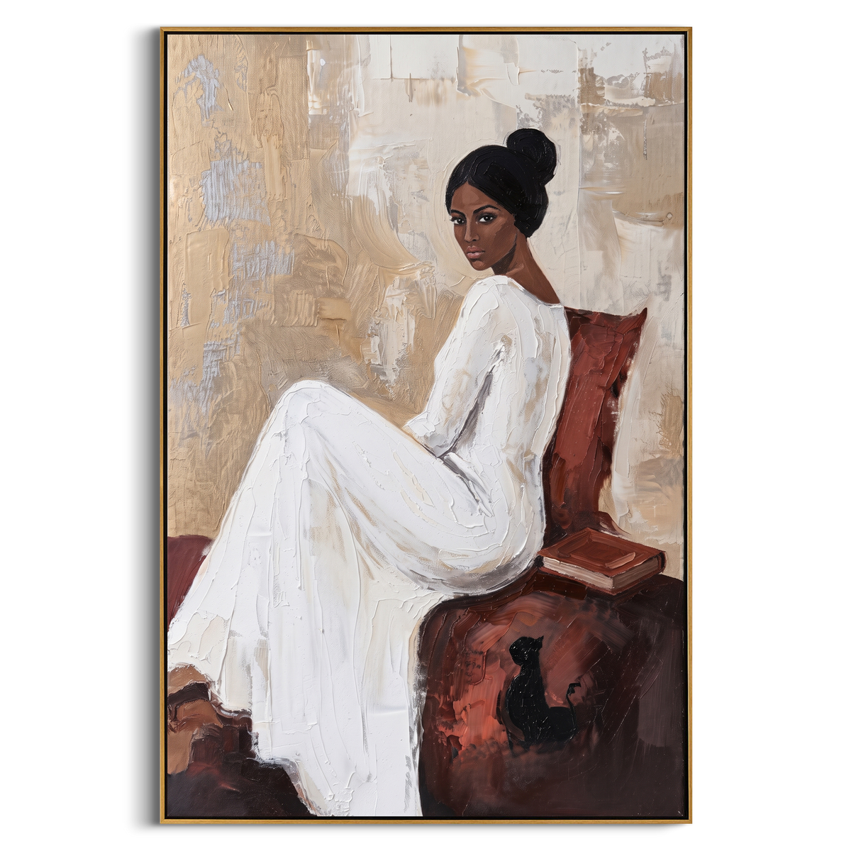 "Portrait Reading Woman With Cat Painting" - Modern Heavy Impasto Coastal Landscape | White & Beige Palette Knife Painting | Luxury Vertical Wall Art #PT 982