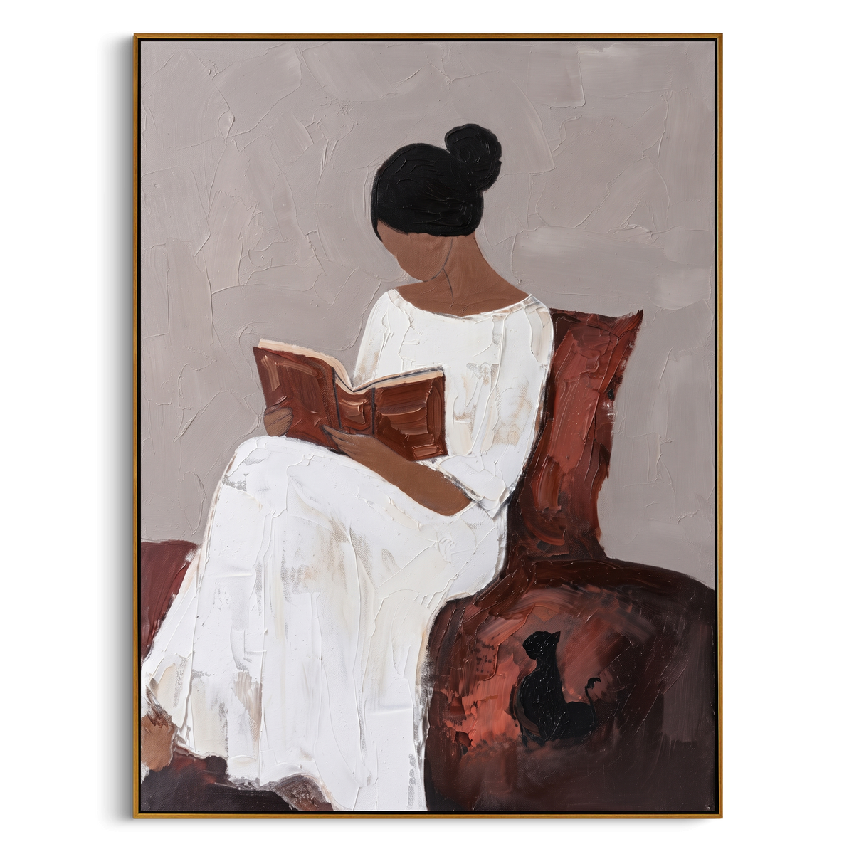 "Grey Reading Woman With Cat Painting" - Modern Heavy Impasto Coastal Landscape | Grey & White Palette Knife Painting | Luxury Vertical Wall Art #PT 983