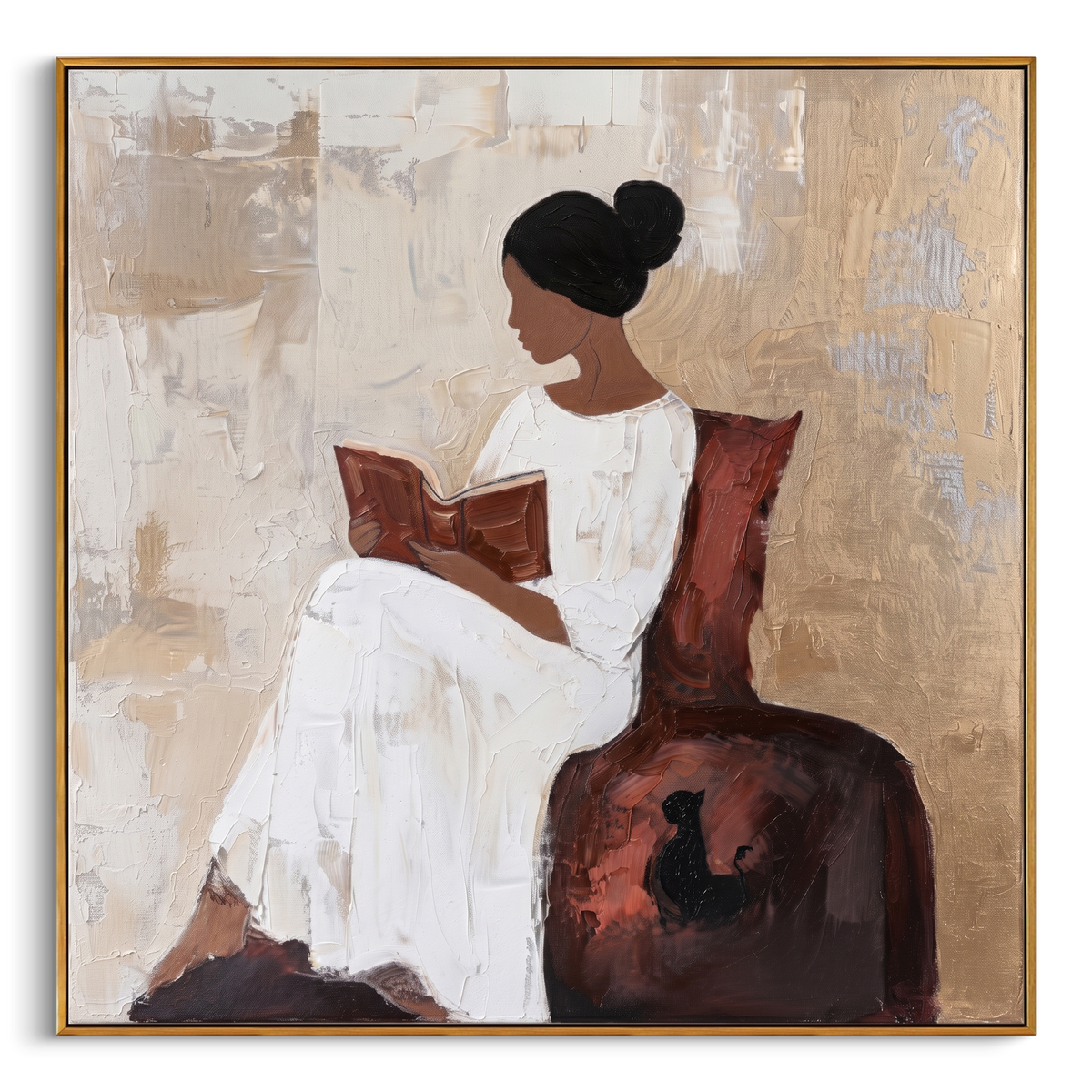 "Square Reading Woman With Cat Painting" - Modern Heavy Impasto Coastal Landscape | White & Beige Palette Knife Painting | Luxury Square Wall Art #PT 984