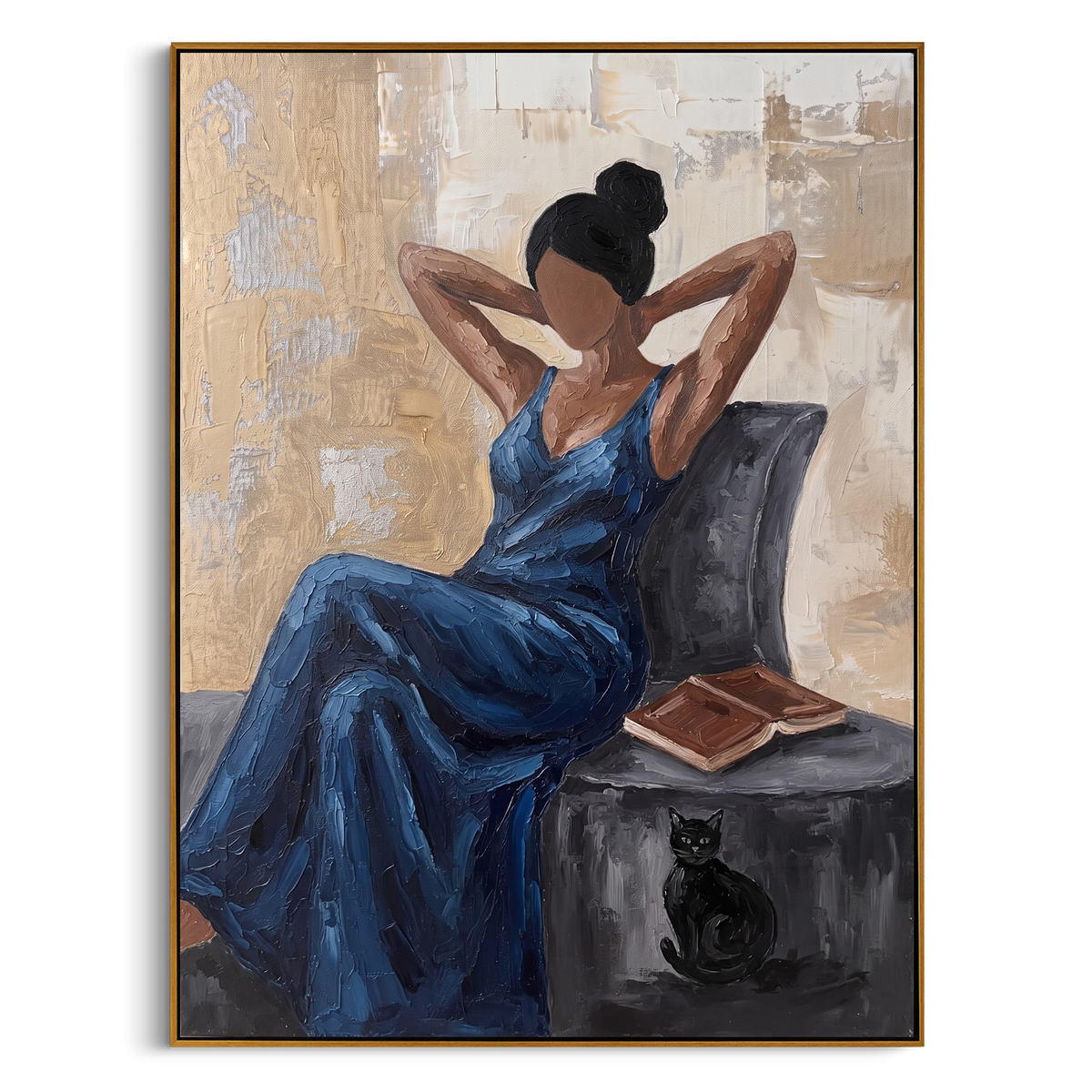 "Blue Dress Woman With Cat Painting" - Modern Heavy Impasto Coastal Landscape | Blue & Grey Palette Knife Painting | Luxury Vertical Wall Art #PT 985