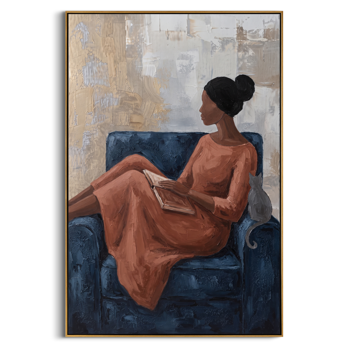 "Rust Dress Reading Woman Painting" - Modern Heavy Impasto Coastal Landscape | Orange & Blue Palette Knife Painting | Luxury Vertical Wall Art #PT 986