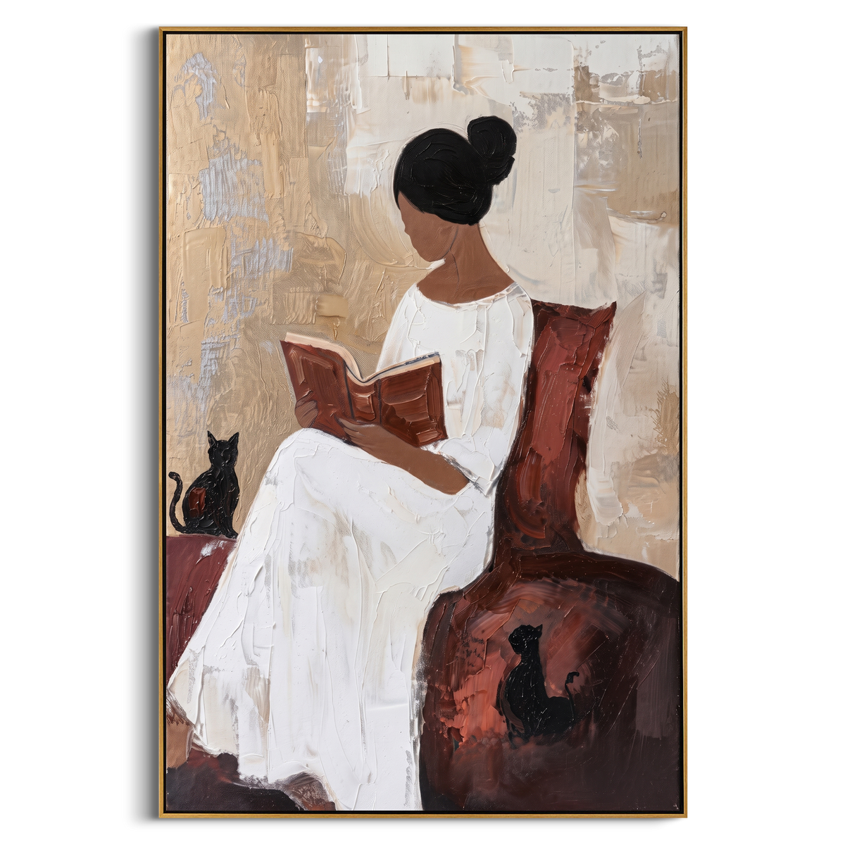 "White Dress Reader With Cats Painting" - Modern Heavy Impasto Western Animal Artwork | White & Beige Palette Knife Painting | Luxury Vertical Wall Art #PT 987