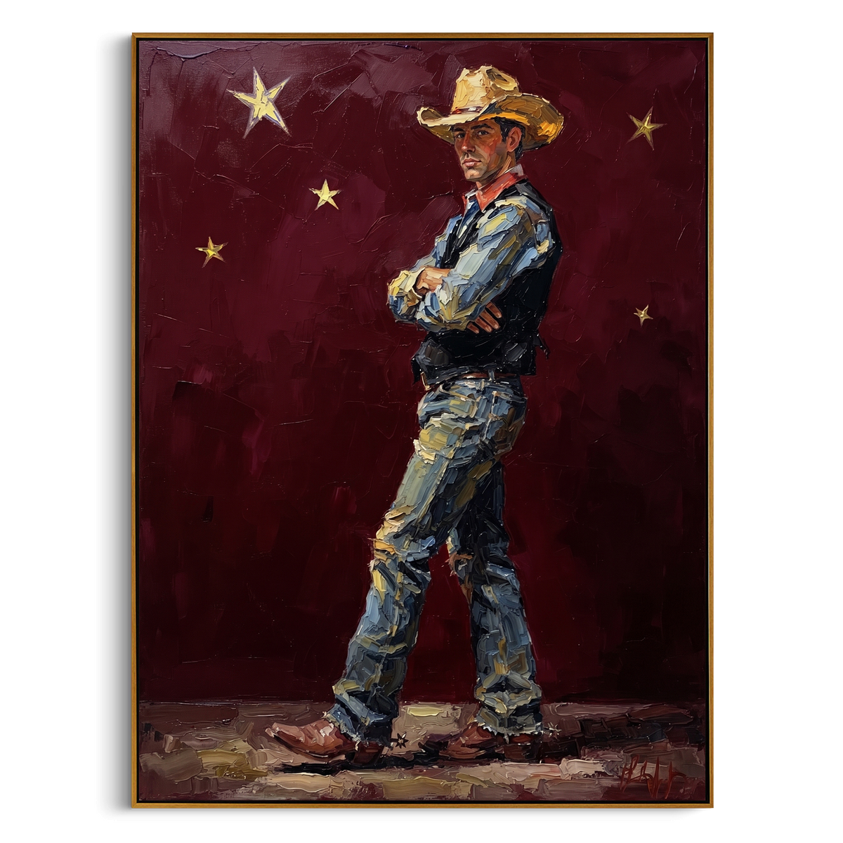 "Red Cowboy Star Painting" - Modern Heavy Impasto Western Animal Artwork | Red & Blue Palette Knife Painting | Luxury Vertical Wall Art #PT 988