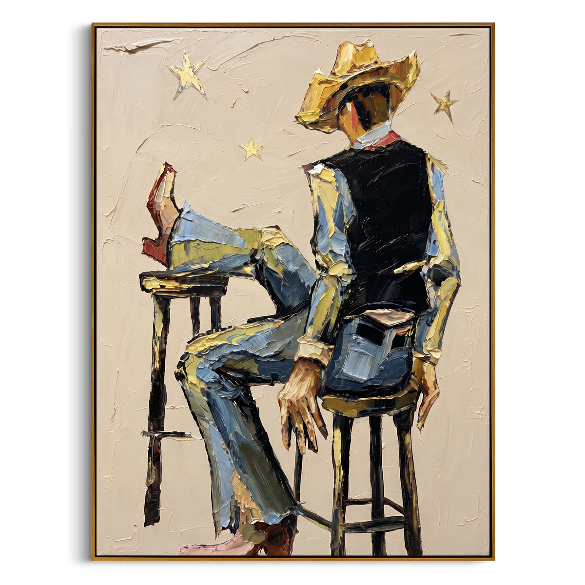 "Cream Cowboy Bar Stool Painting" - Modern Heavy Impasto Coastal Landscape | Beige & Blue Palette Knife Painting | Luxury Vertical Wall Art #PT 989