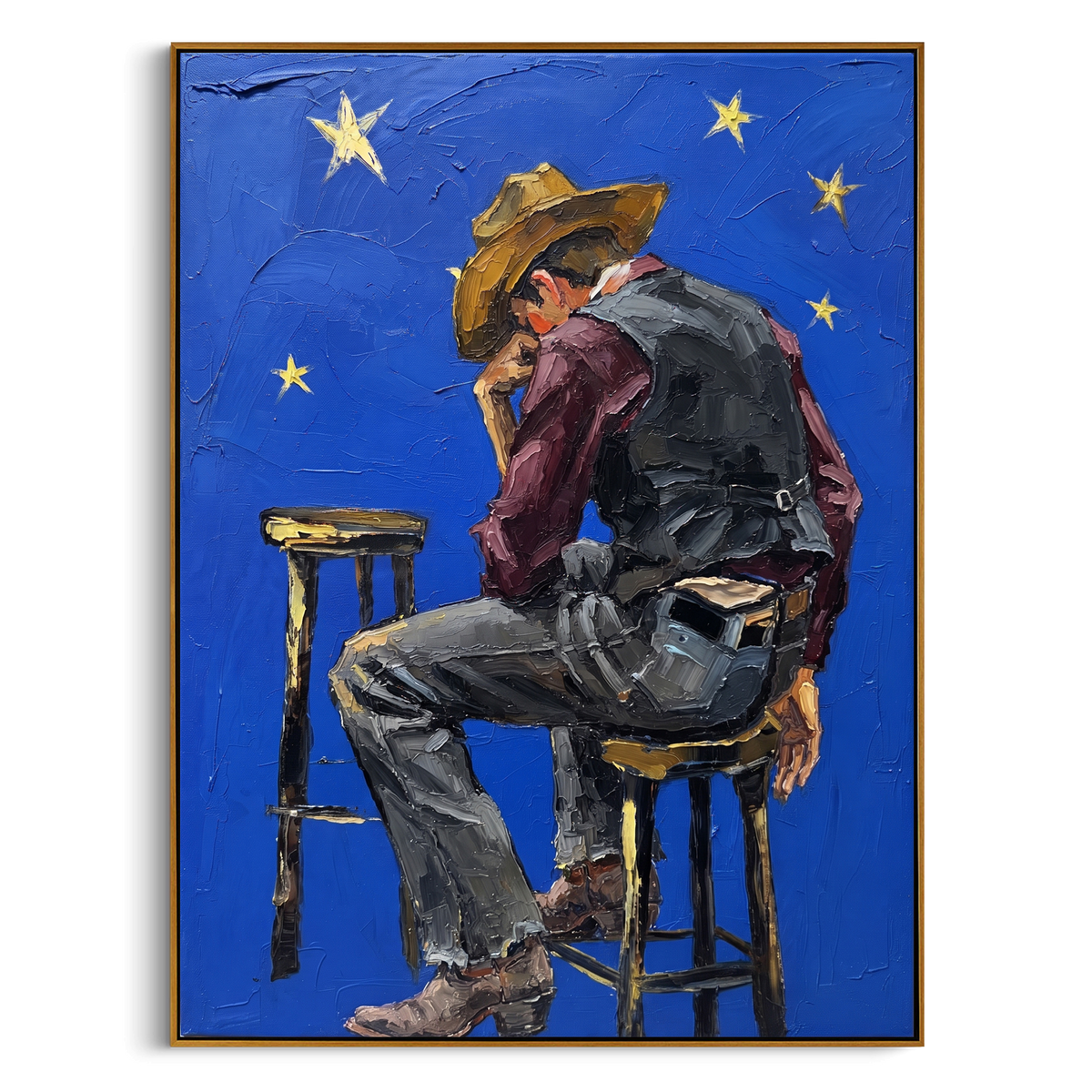 "Red Standing Cowboy Painting" - Modern Heavy Impasto Western Animal Artwork | Red & Blue Palette Knife Painting | Luxury Vertical Wall Art #PT 991
