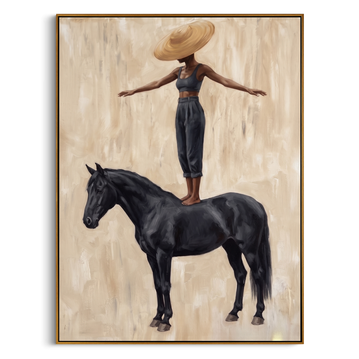 "Balancing Rider Black Horse Painting" - Modern Heavy Impasto Western Animal Artwork | Beige & Black Palette Knife Painting | Luxury Vertical Wall Art #PT 992
