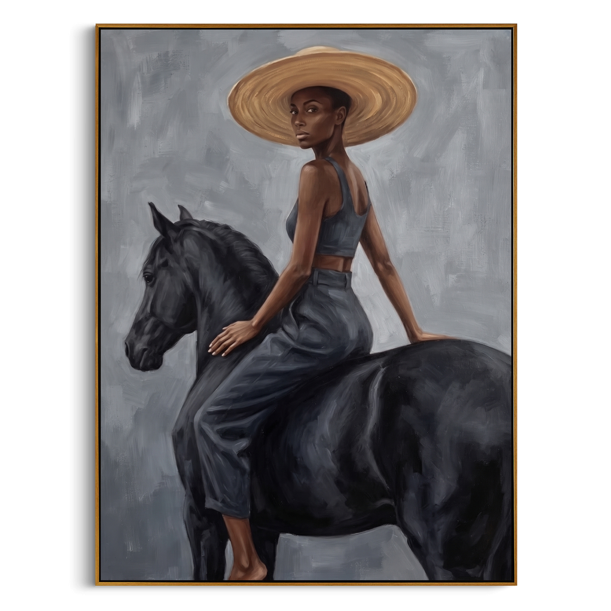 "Grey Rider Black Horse Painting" - Modern Heavy Impasto Western Animal Artwork | Grey & Black Palette Knife Painting | Luxury Vertical Wall Art #PT 993