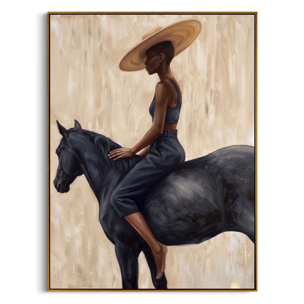 "Seated Rider Black Horse Painting" - Modern Heavy Impasto Coastal Landscape | Beige & Black Palette Knife Painting | Luxury Vertical Wall Art #PT 994