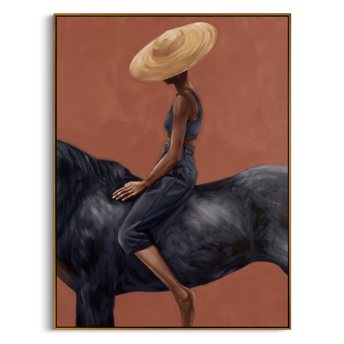 "Terracotta Rider Black Horse Painting" - Modern Heavy Impasto Western Animal Artwork | Orange & Black Palette Knife Painting | Luxury Vertical Wall Art #PT 995