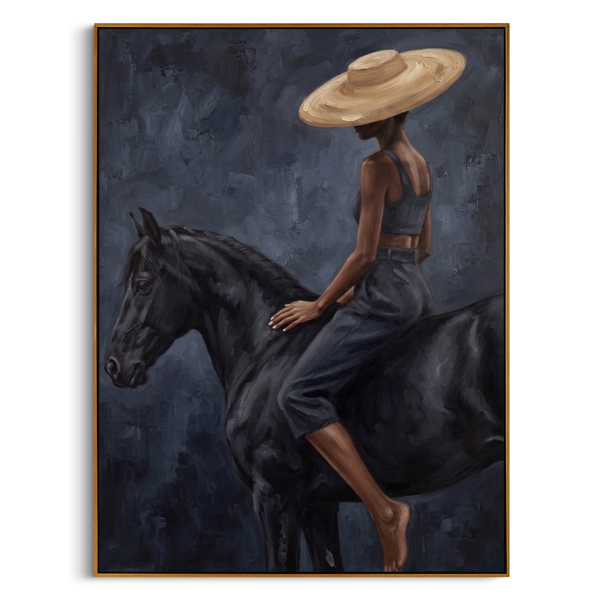 "Dark Blue Rider Black Horse Painting" - Modern Heavy Impasto Western Animal Artwork | Blue & Black Palette Knife Painting | Luxury Vertical Wall Art #PT 996
