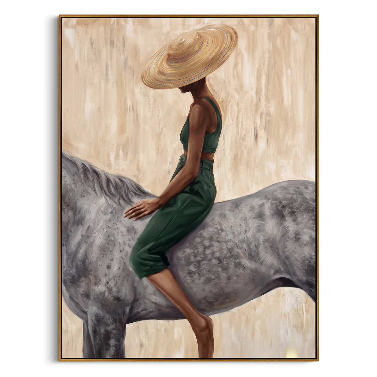"Green Rider Grey Horse Painting" - Modern Heavy Impasto Western Animal Artwork | Green & Grey Palette Knife Painting | Luxury Vertical Wall Art #PT 997