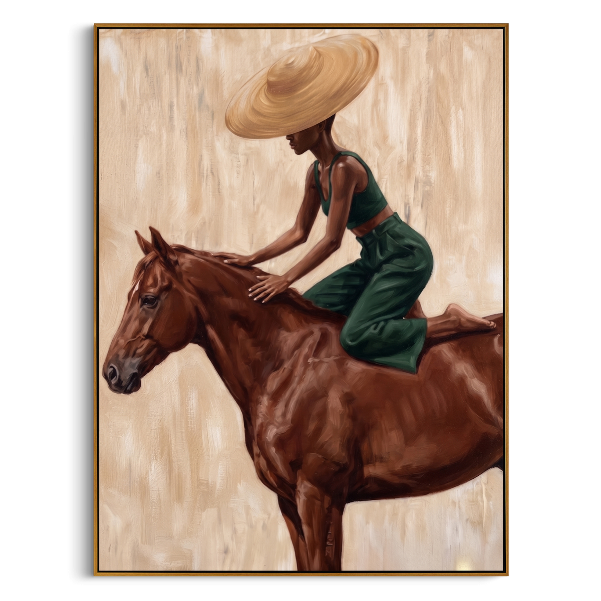 "Green Rider Brown Horse Painting" - Modern Heavy Impasto Western Animal Artwork | Green & Brown Palette Knife Painting | Luxury Vertical Wall Art #PT 998