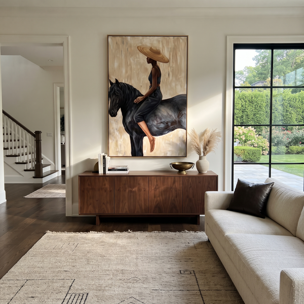 "Side Rider Black Horse Painting" - Modern Heavy Impasto Western Animal Artwork | Beige & Black Palette Knife Painting | Luxury Vertical Wall Art #PT 999