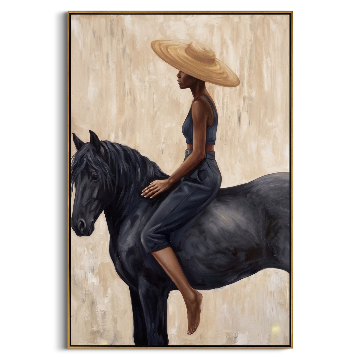 "Side Rider Black Horse Painting" - Modern Heavy Impasto Western Animal Artwork | Beige & Black Palette Knife Painting | Luxury Vertical Wall Art #PT 999
