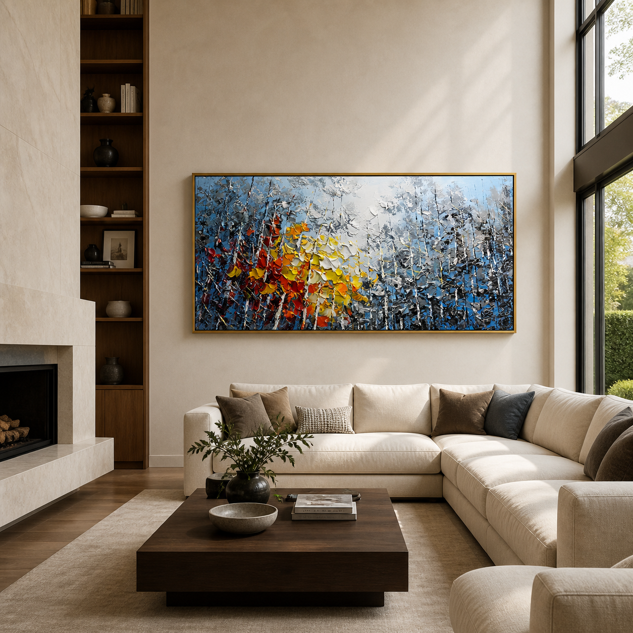 "Vivid Autumn Birch Grove" – Modern Heavy Impasto Impressionist Forest Landscape | 3D Cool Cerulean & Fiery Amber Palette Knife Painting | Luxury Horizontal Wall Art #PT 576
