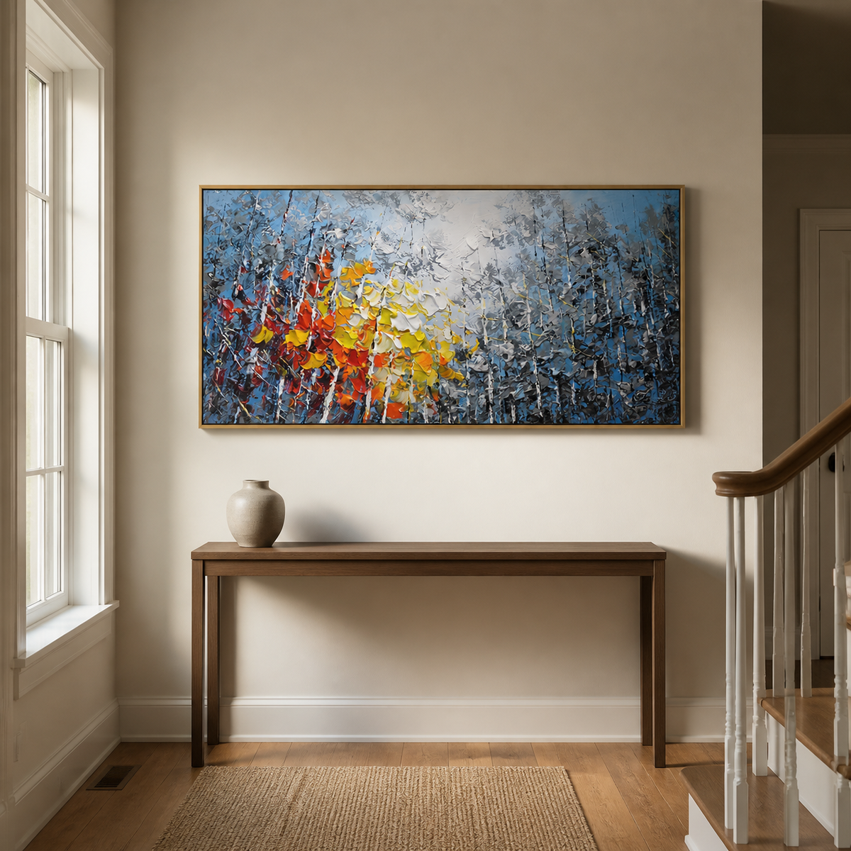 "Vivid Autumn Birch Grove" – Modern Heavy Impasto Impressionist Forest Landscape | 3D Cool Cerulean & Fiery Amber Palette Knife Painting | Luxury Horizontal Wall Art #PT 576