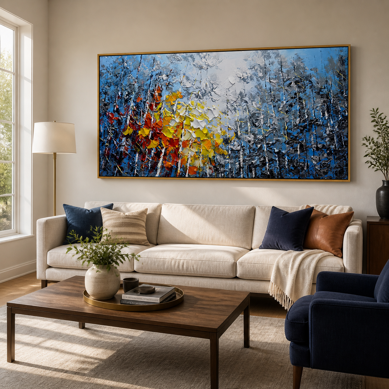 "Vivid Autumn Birch Grove" – Modern Heavy Impasto Impressionist Forest Landscape | 3D Cool Cerulean & Fiery Amber Palette Knife Painting | Luxury Horizontal Wall Art #PT 576