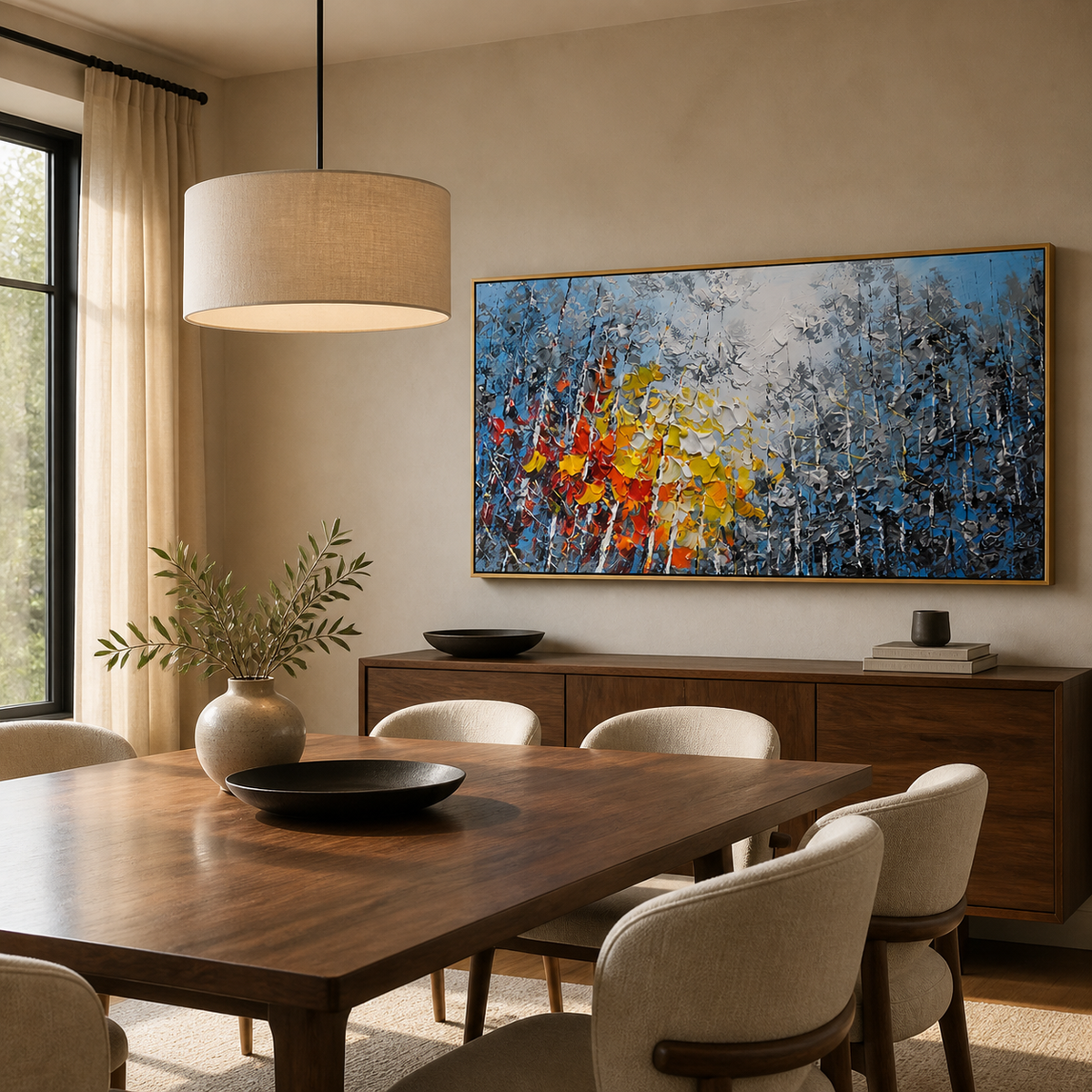 "Vivid Autumn Birch Grove" – Modern Heavy Impasto Impressionist Forest Landscape | 3D Cool Cerulean & Fiery Amber Palette Knife Painting | Luxury Horizontal Wall Art #PT 576