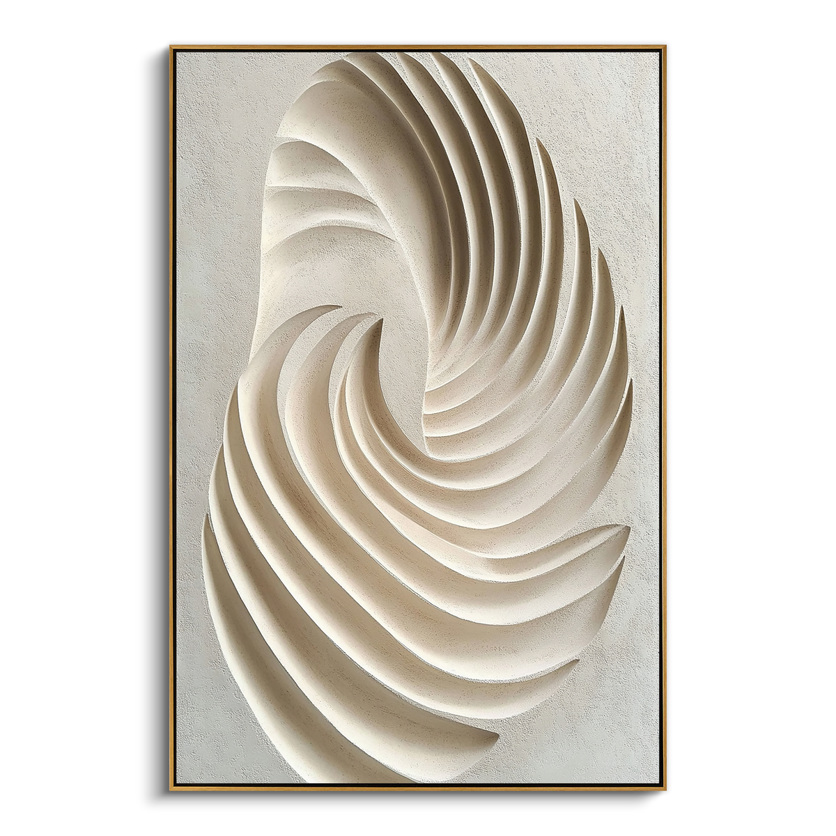 This 100% hand-crafted textured abstract artwork features a flowing spiral relief built in soft ivory and warm beige tones. The raised surface creates natural shadow and movement, making it a refined choice for living rooms, bedrooms, entryways, villas, hotels, and minimalist interiors.